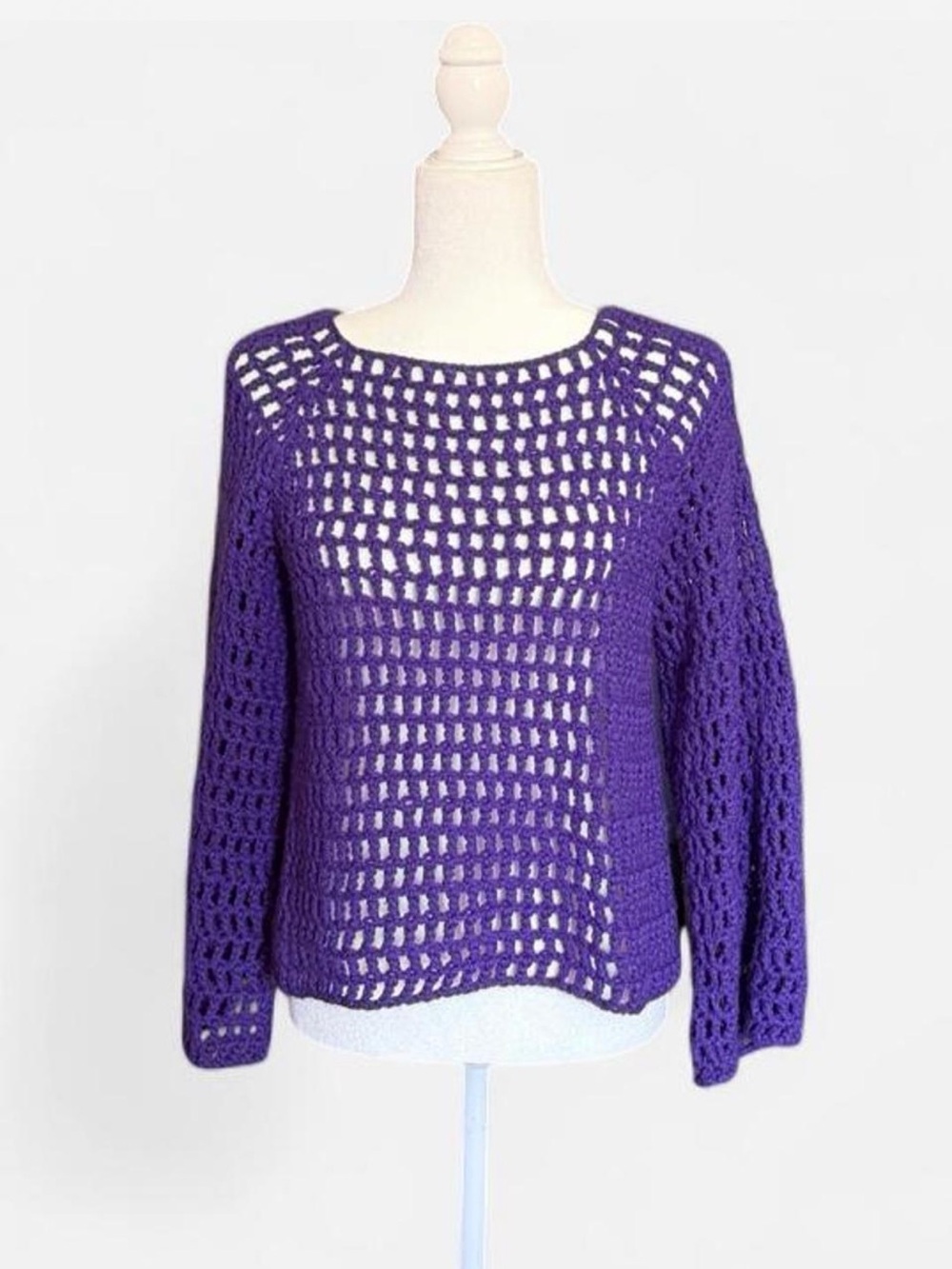 Handmade Crochet Raglan Mesh Stitch Purple Long Sleeve Sweater